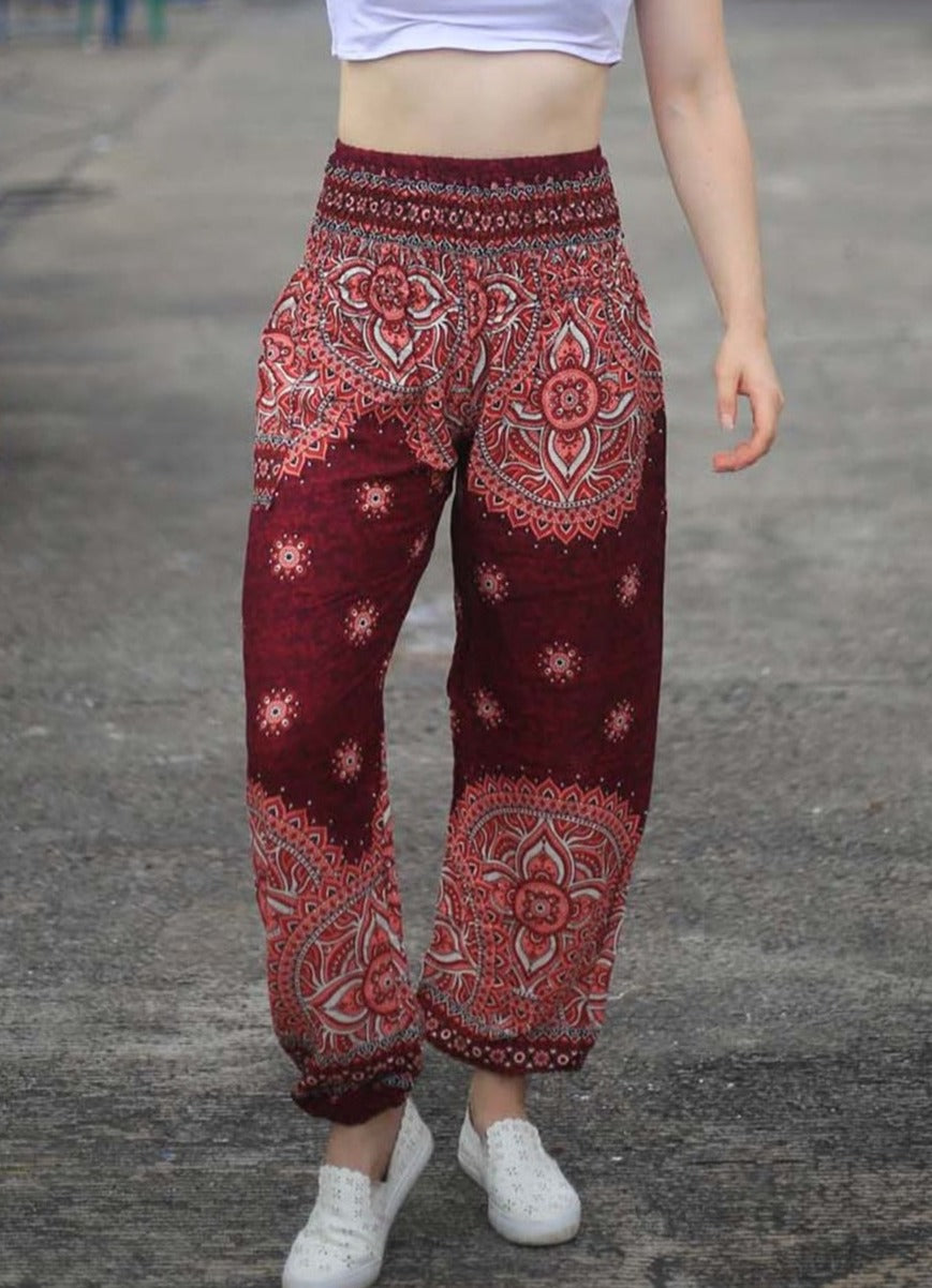 Harem Pants For Women. Harem Pant With Pattern & Big Pocket– Blue, Green,  Pink, Red –Elastic Waist M